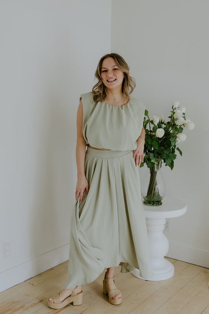 Bubble Top & Flowy Midi Skirt Set - Olive
