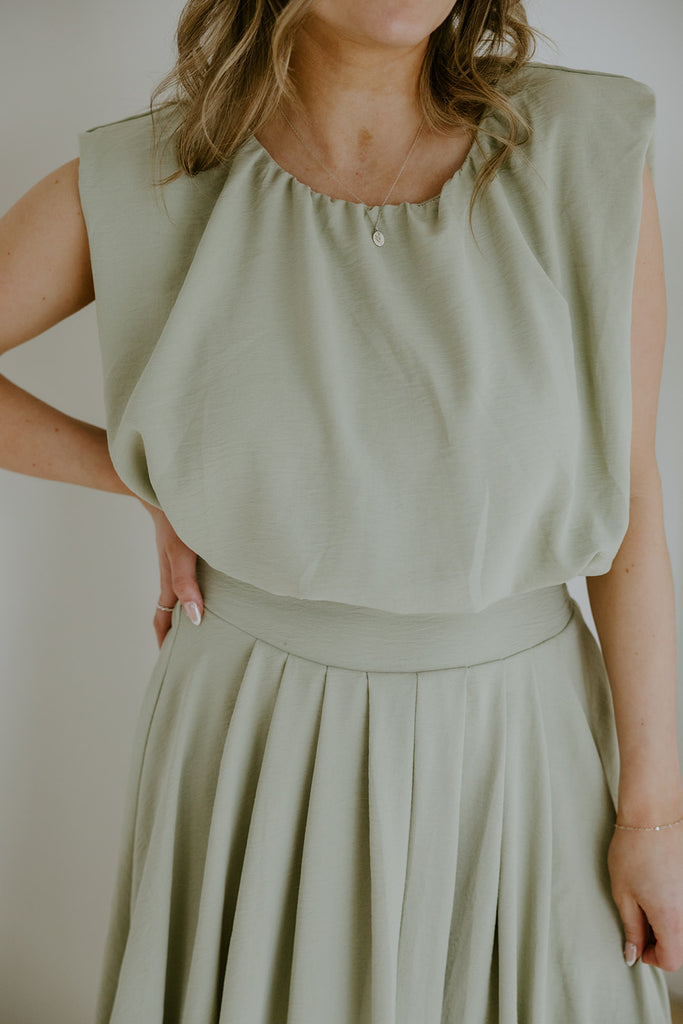 Bubble Top & Flowy Midi Skirt Set - Olive