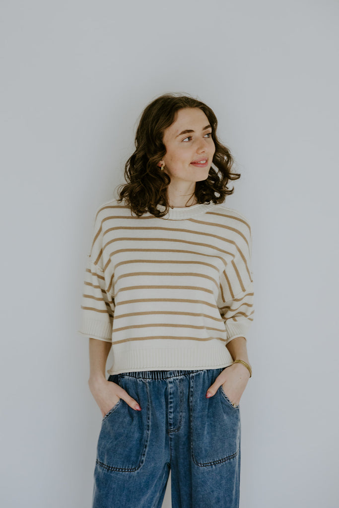Khaki Boxy Striped Knit Sweater