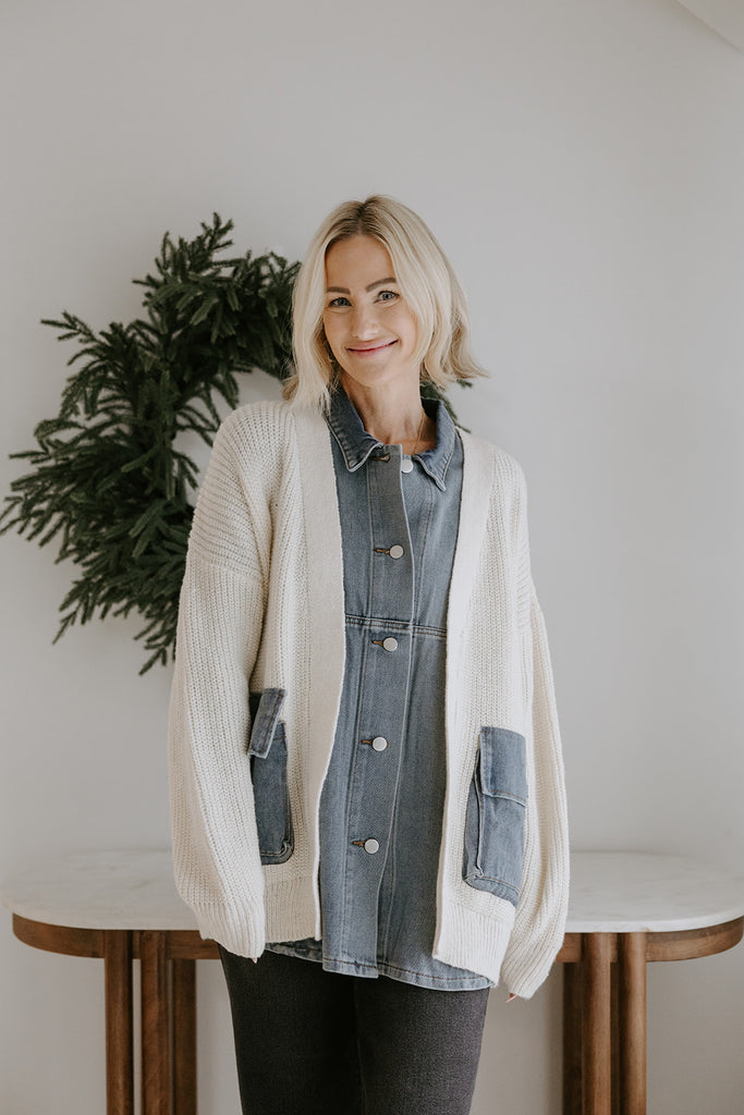 Denim Contrast Knit Jacket - Cream