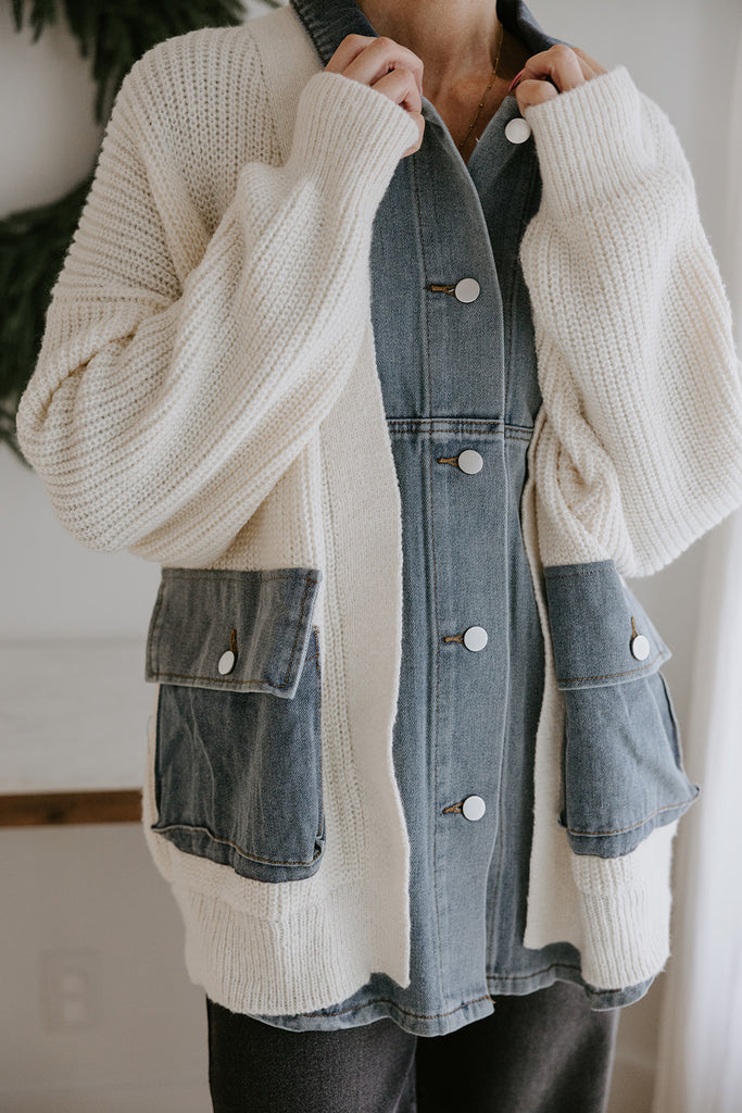 Denim Contrast Knit Jacket - Cream