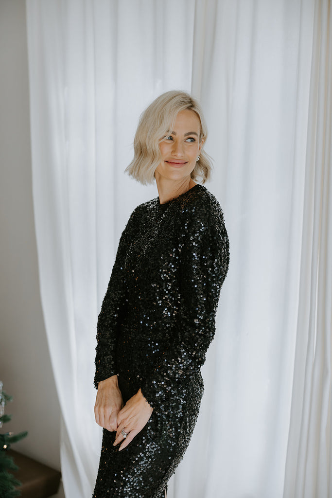 Sequin Top & Skirt Set - Black