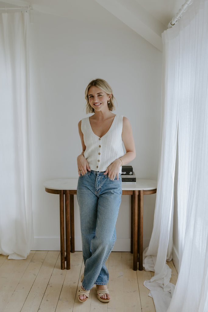 Knit Front Button Vest - Off White