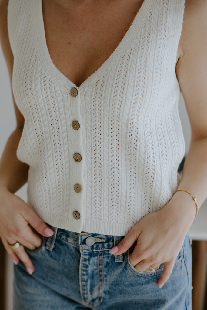 Knit Front Button Vest - Off White