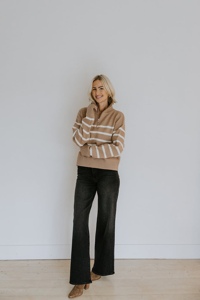 Striped 3/4 Sleeve Sweater - Taupe/Cream
