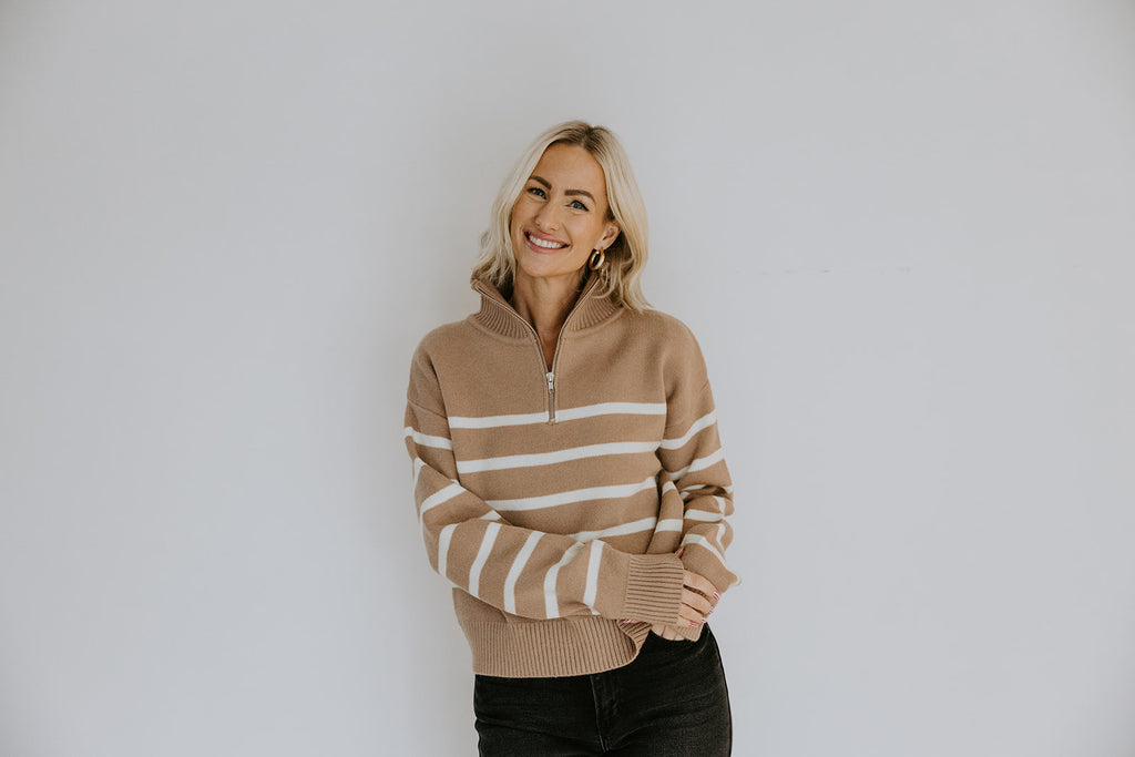 Striped 3/4 Sleeve Sweater - Taupe/Cream