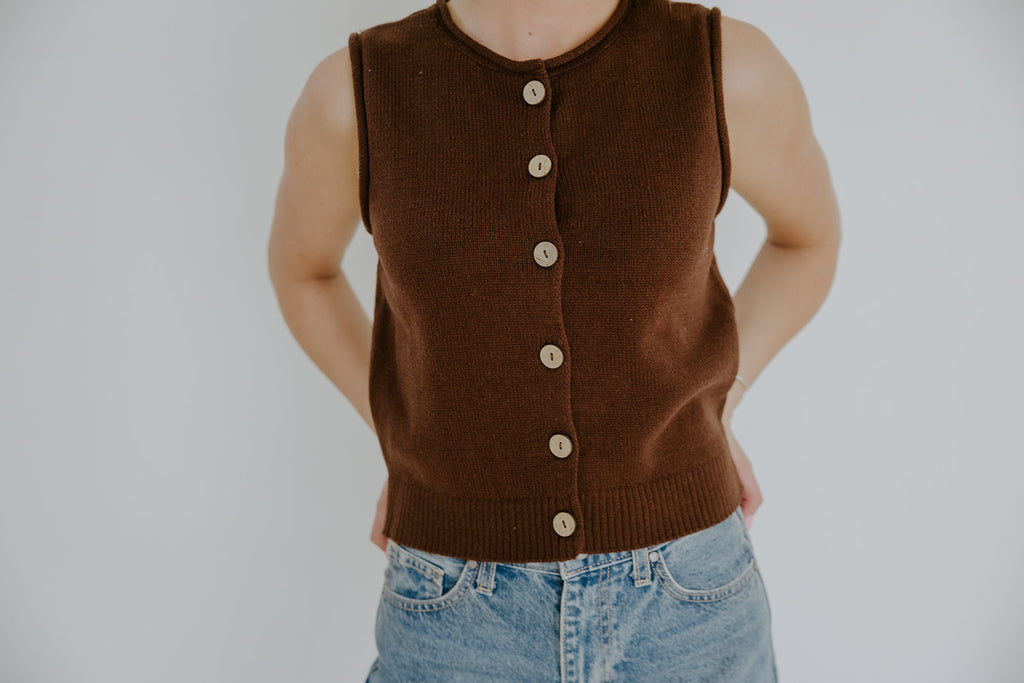 Rolled Hem Sleeveless Vest - Brown