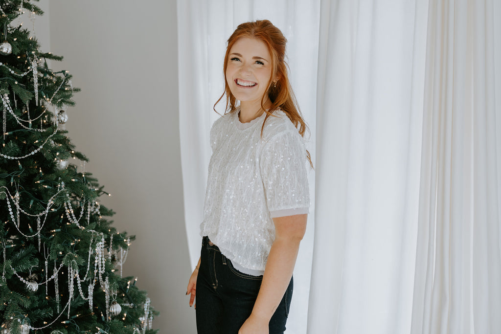 Sequin Tshirt Style Top - Ivory