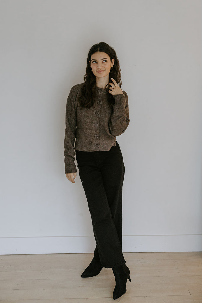 Classic Cardigan with Side Slit - Brown