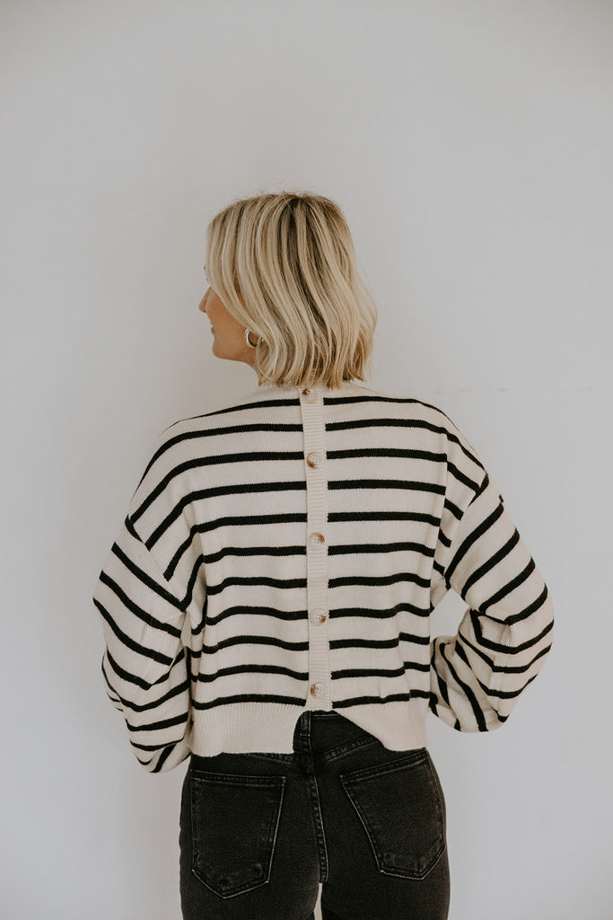 Striped Back Button Detail Sweater - Black