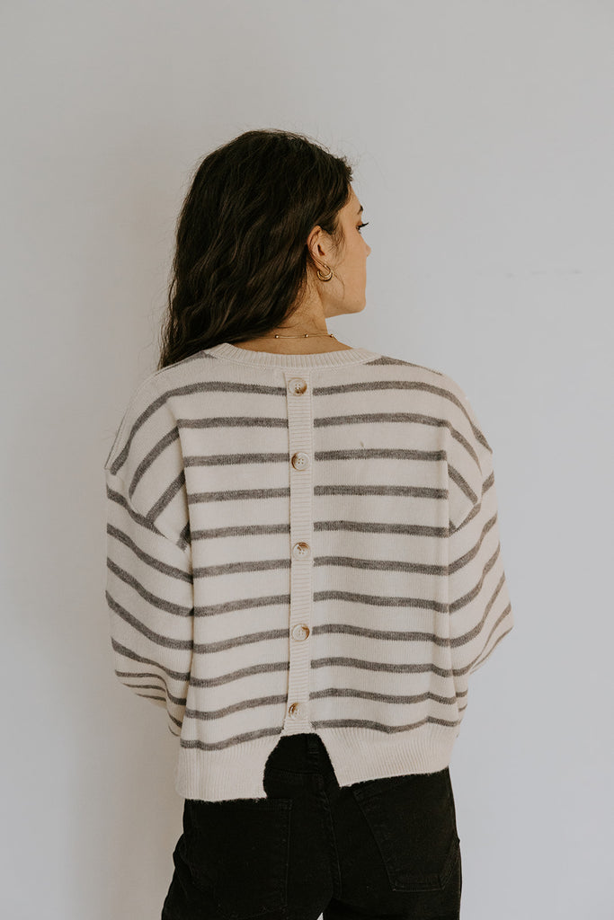 Striped Back Button Detail Sweater - Grey