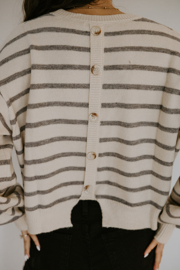 Striped Back Button Detail Sweater - Grey