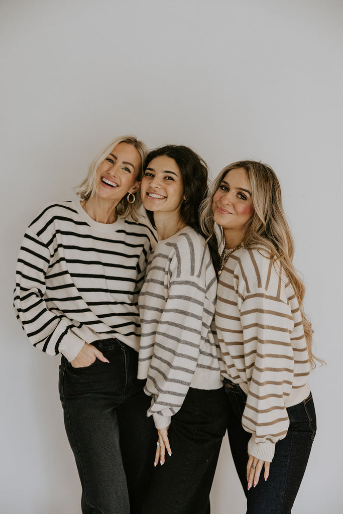 Striped Back Button Detail Sweater - Taupe