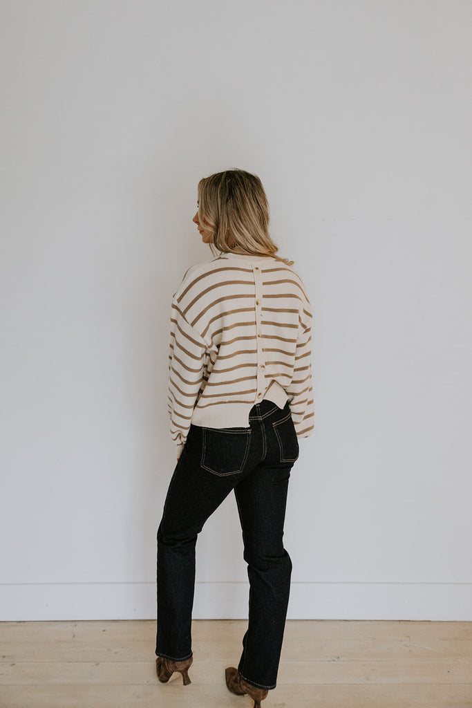 Striped Back Button Detail Sweater - Taupe
