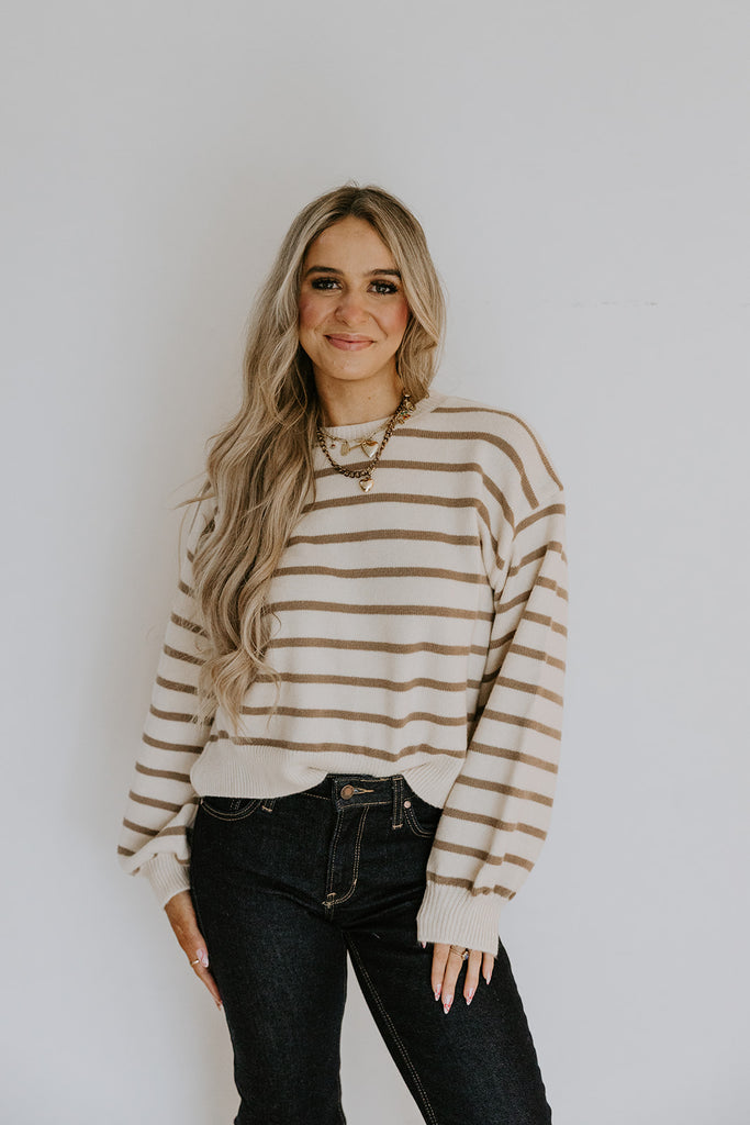Striped Back Button Detail Sweater - Taupe