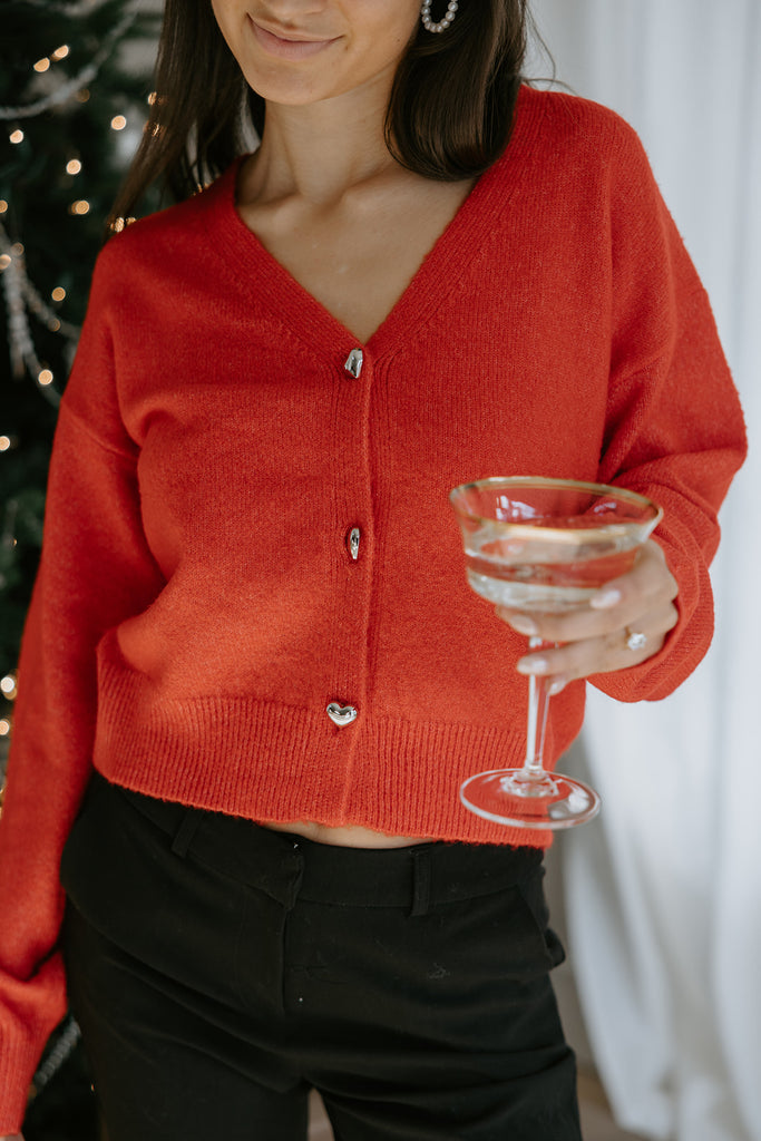 Heart Button Cardigan - Red