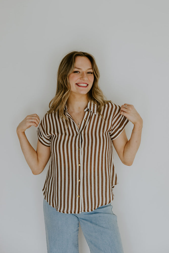 Lightweight Short Sleeve Stripe Shirt - Brown