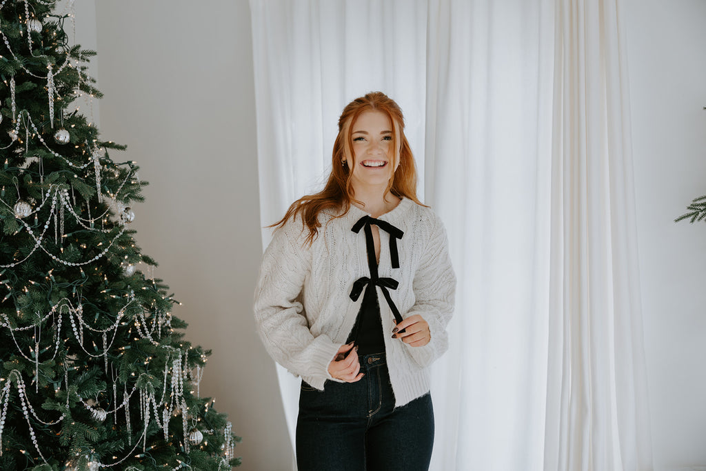 Knit Sweater With Velvet Front Bows - Ivory