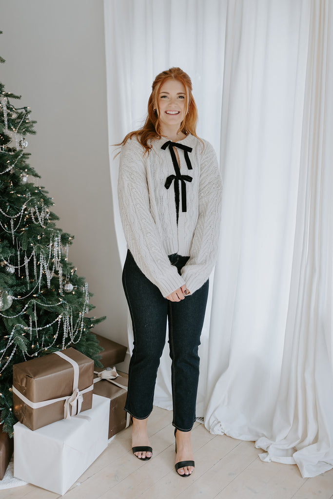 Knit Sweater With Velvet Front Bows - Ivory