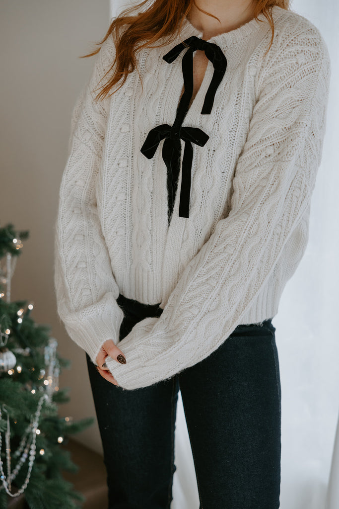 Knit Sweater With Velvet Front Bows - Ivory