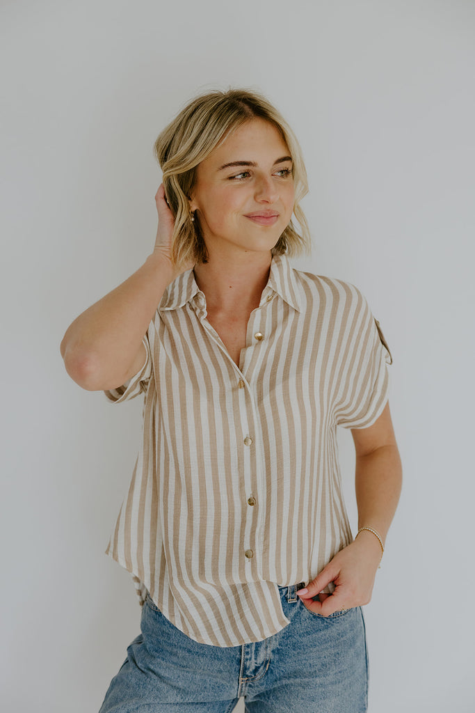 Lightweight Short Sleeve Stripe Shirt - Khaki