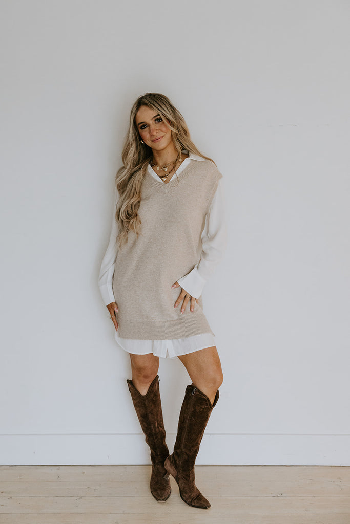 Mixed Media Shirt Dress - Sand