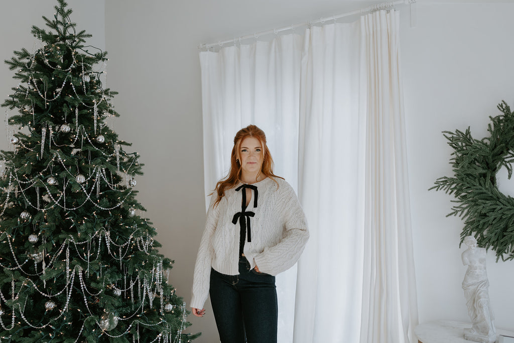 Knit Sweater With Velvet Front Bows - Ivory