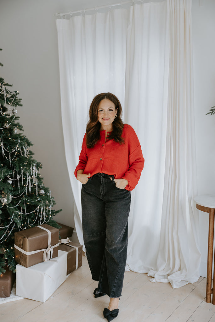 Button Up Cardigan with Exposed Seam - Red