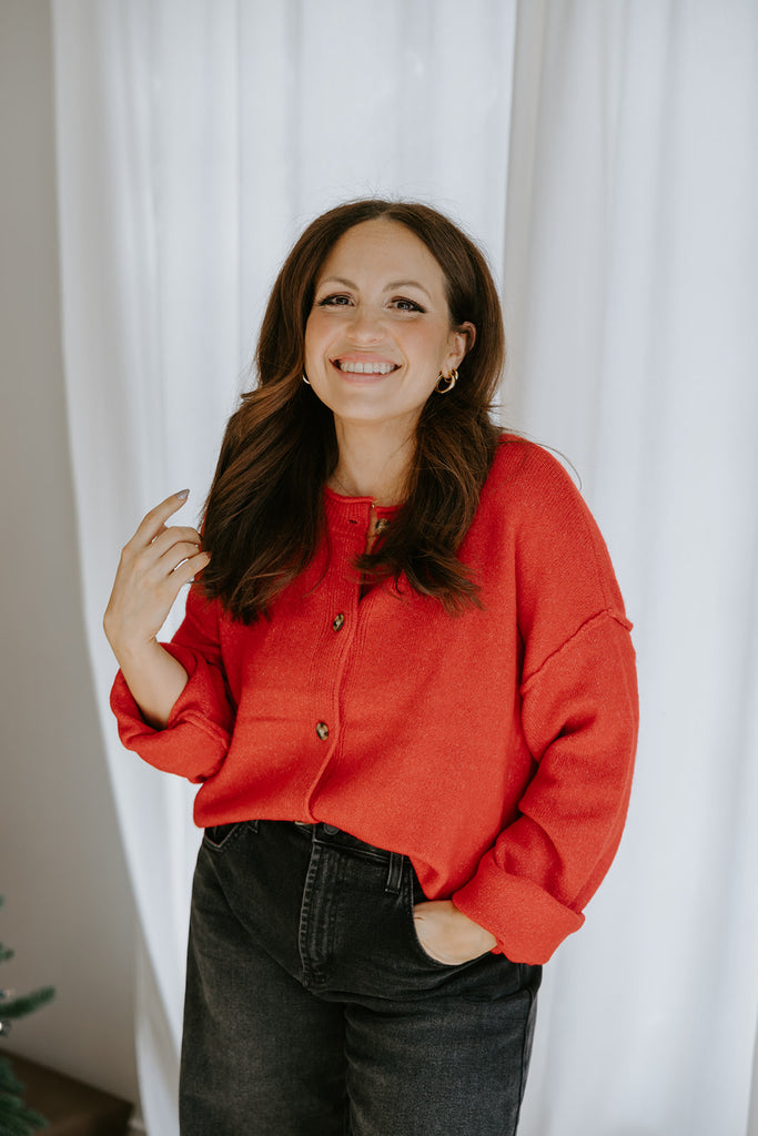 Button Up Cardigan with Exposed Seam - Red