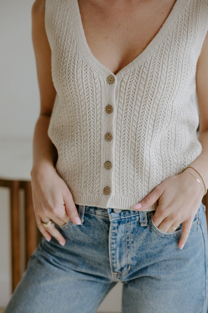 Knit Front Button Vest - Sand