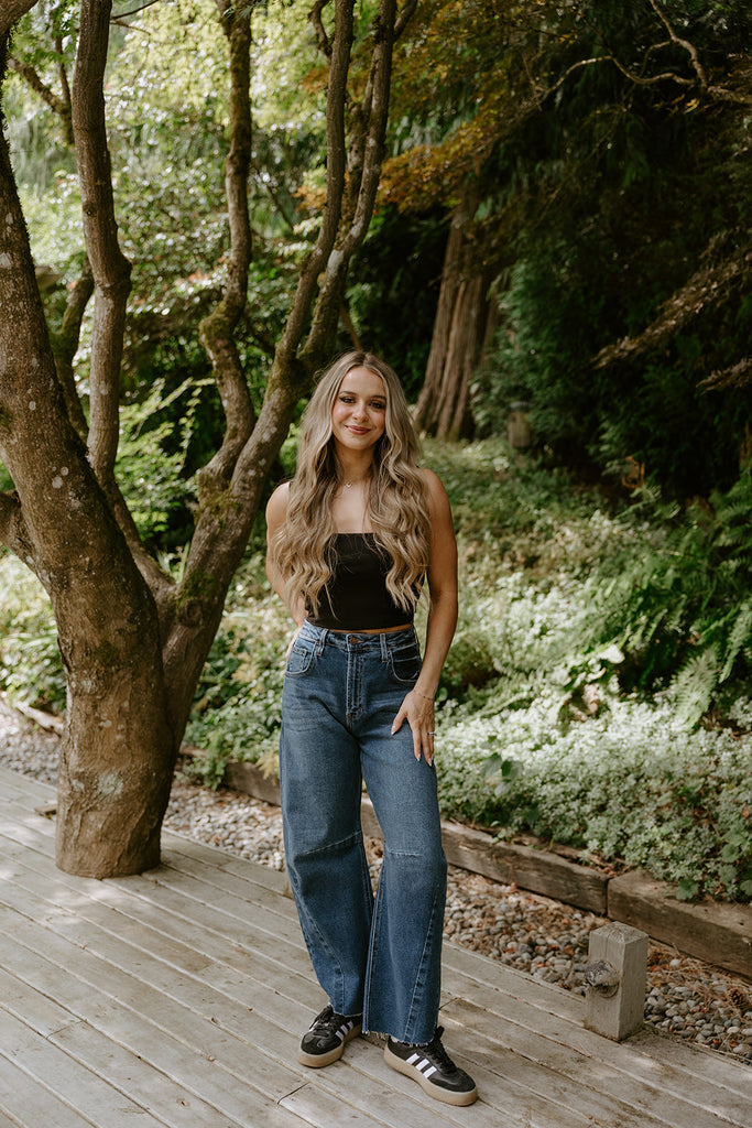 Square Neck Ribbed Crop Tank - Black