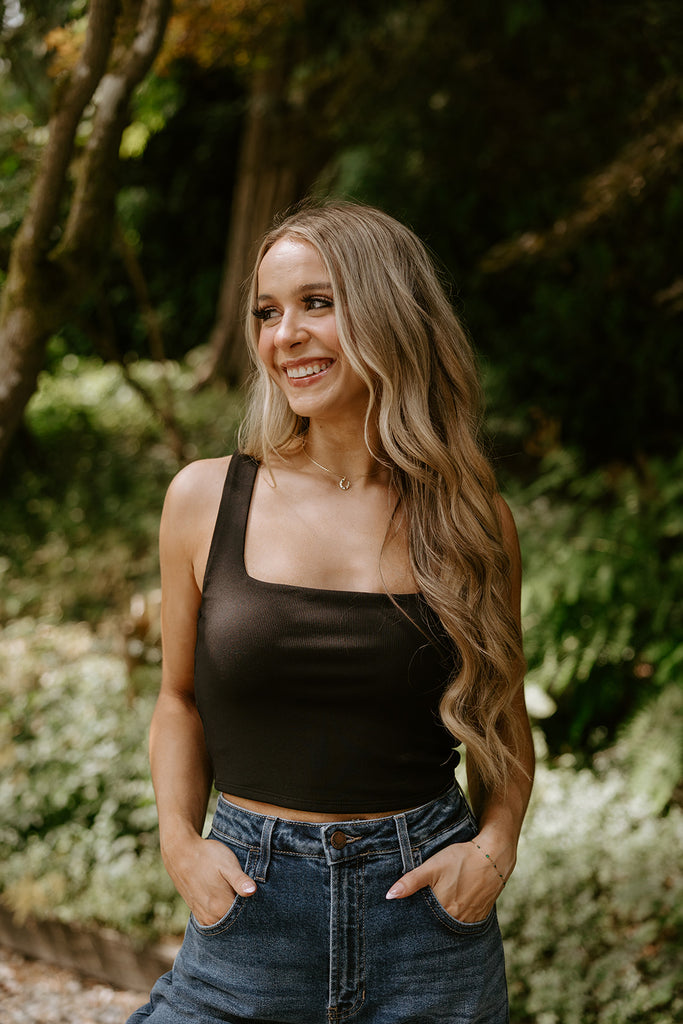 Square Neck Ribbed Crop Tank - Black