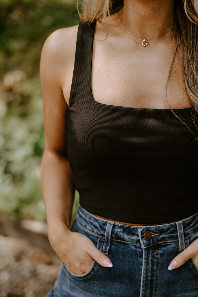 Square Neck Ribbed Crop Tank - Black