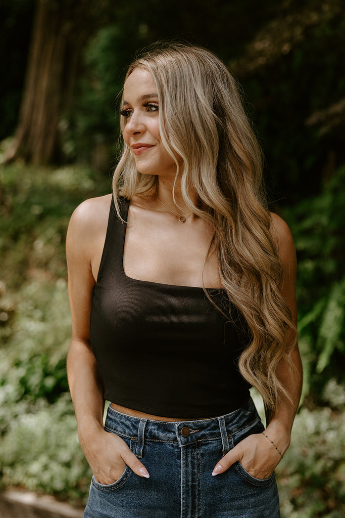 Square Neck Ribbed Crop Tank - Black