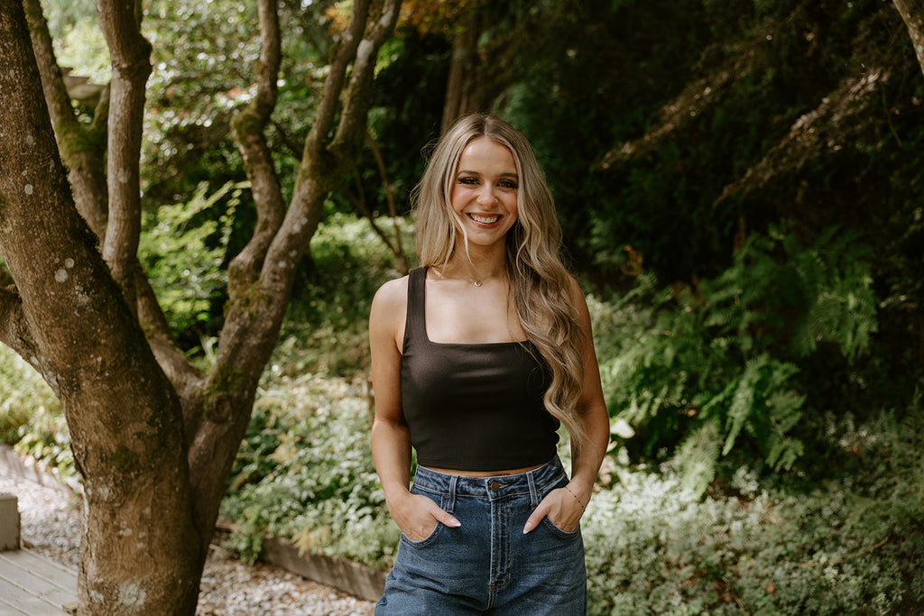 Square Neck Ribbed Crop Tank - Black
