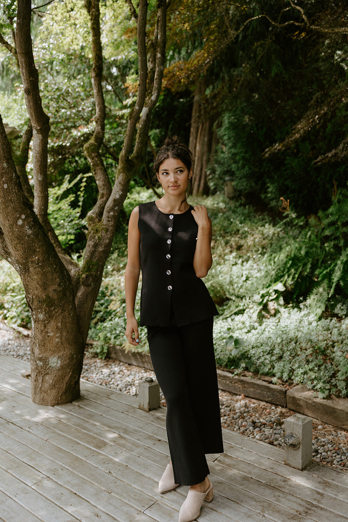 Short Sleeve & Wide Leg Knit Set - Black