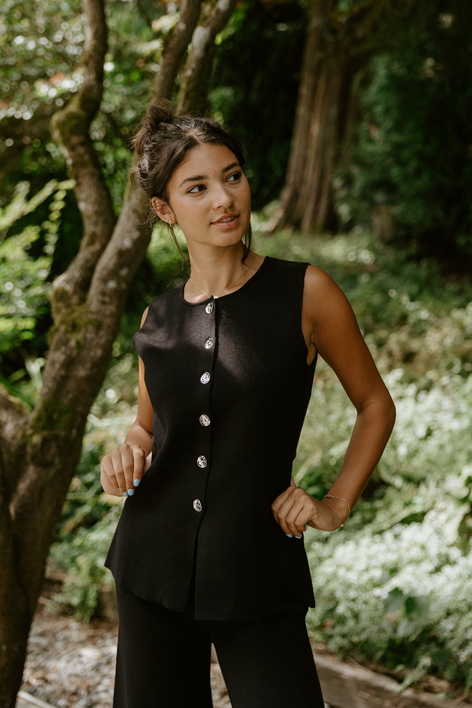 Short Sleeve & Wide Leg Knit Set - Black