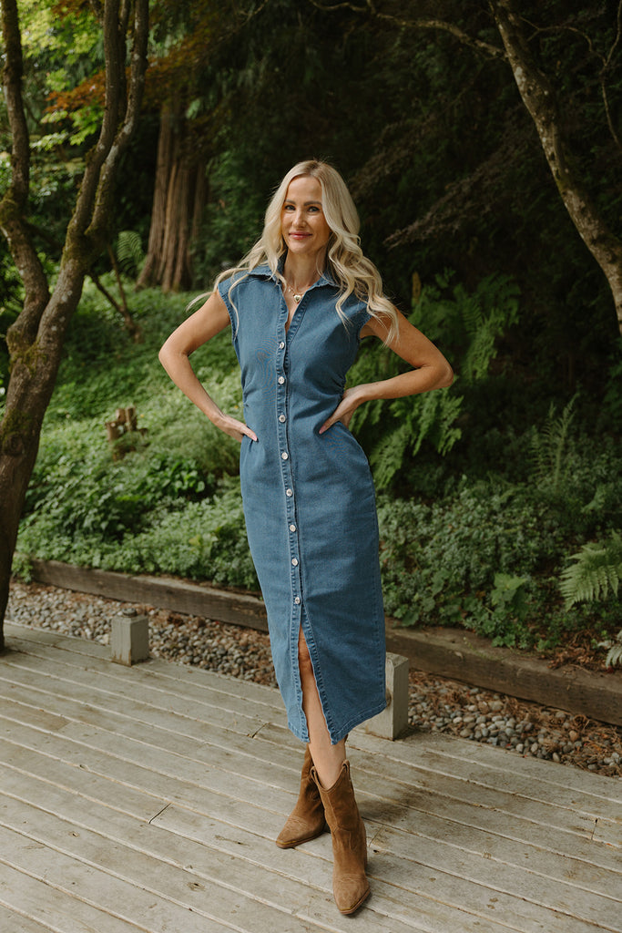 Midi Denim Shirring Dress - Medium Denim
