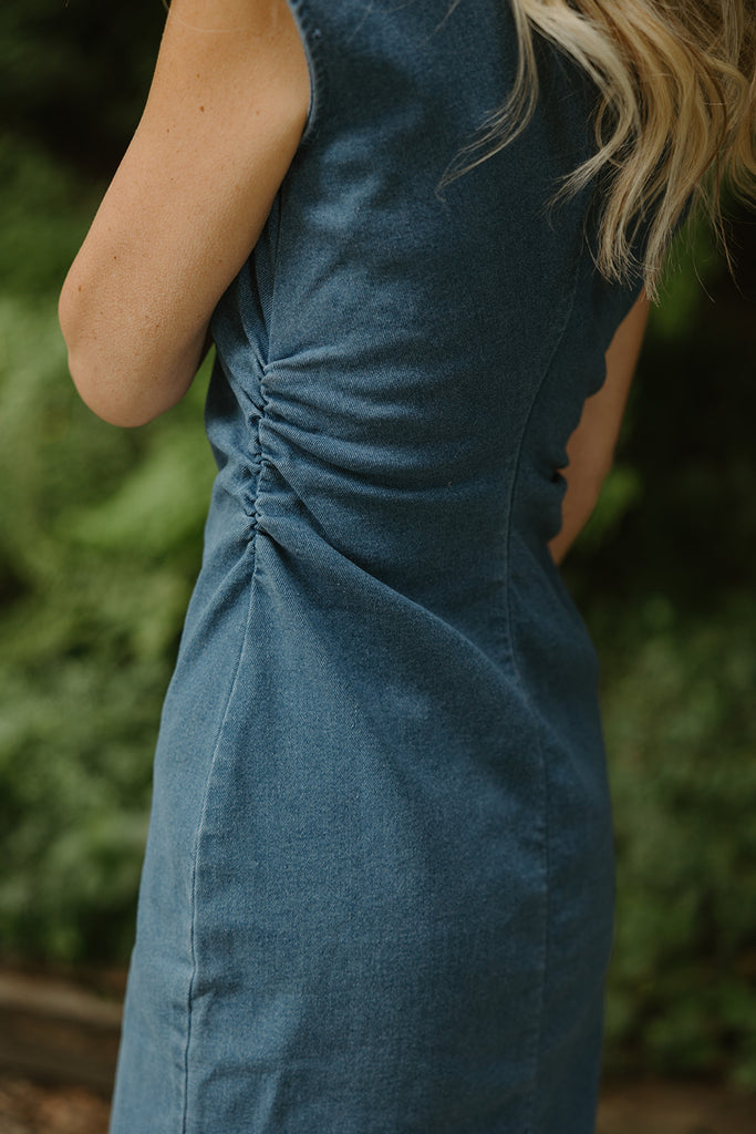 Midi Denim Shirring Dress - Medium Denim