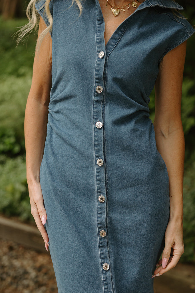 Midi Denim Shirring Dress - Medium Denim