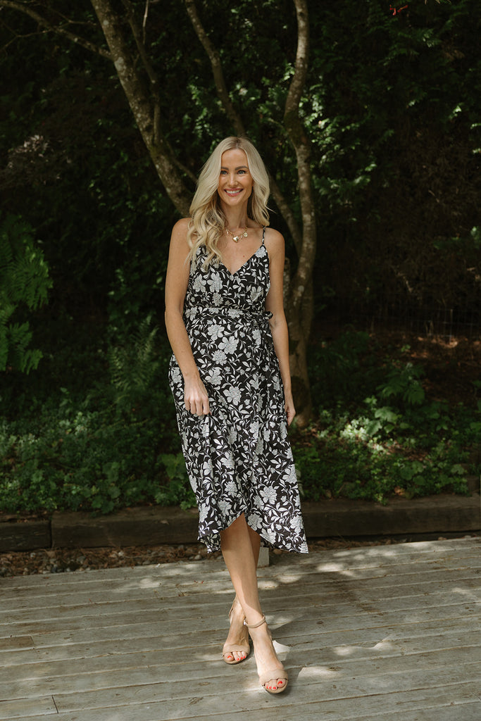 Printed Faux Wrap Midi - Black