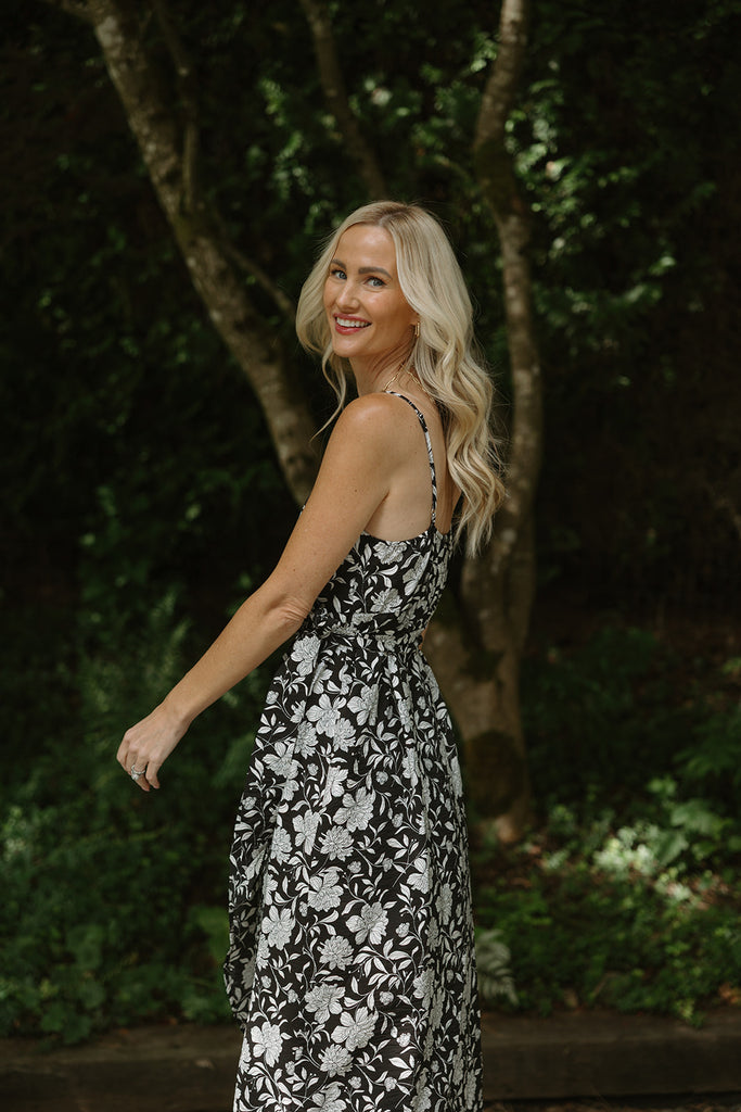 Printed Faux Wrap Midi - Black