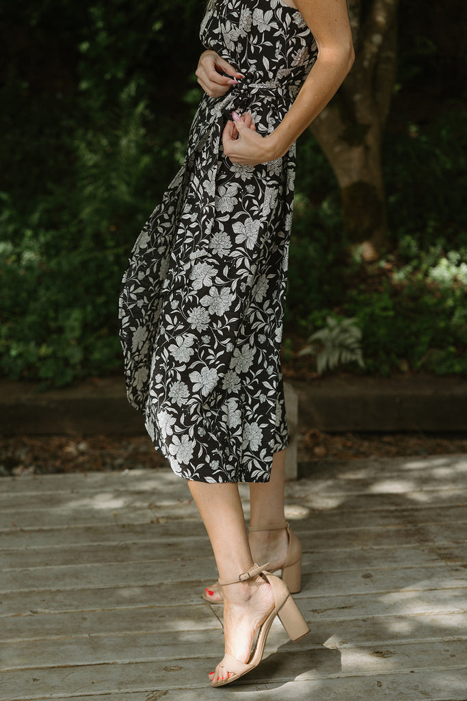 Printed Faux Wrap Midi - Black