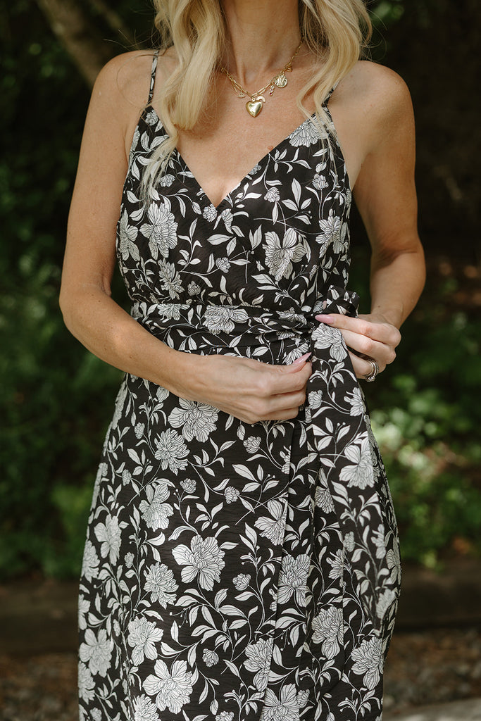Printed Faux Wrap Midi - Black