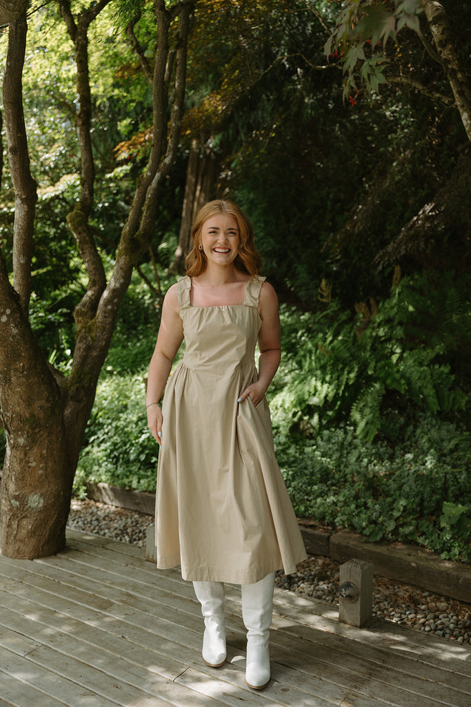 Waist Detail Midi Dress With Pockets - Sand