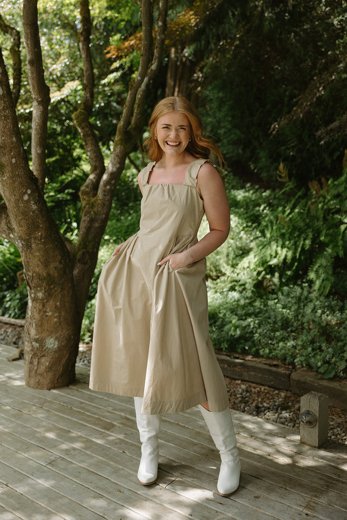 Waist Detail Midi Dress With Pockets - Sand