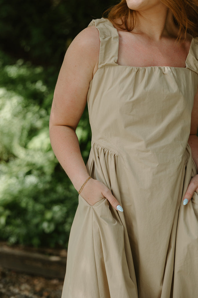 Waist Detail Midi Dress With Pockets - Sand