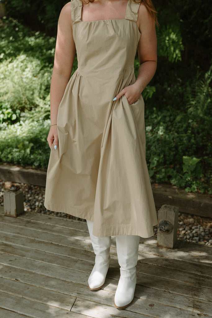Waist Detail Midi Dress With Pockets - Sand
