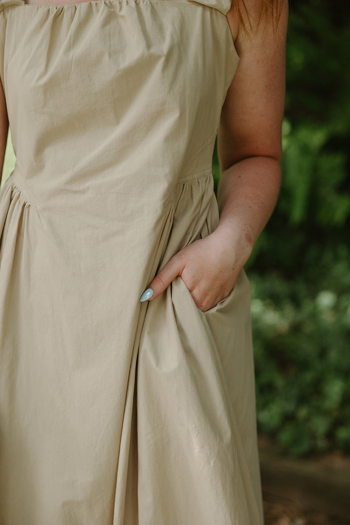 Waist Detail Midi Dress With Pockets - Sand