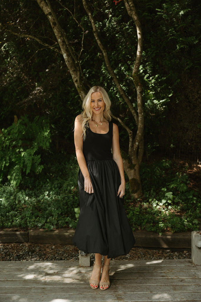 Mixed Material Bubble Hem Dress - Black